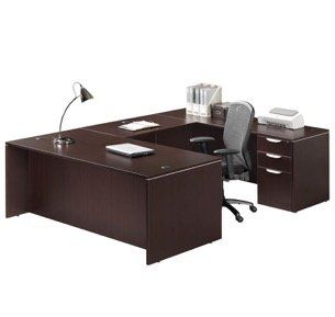 Dark brown U-shaped office desk set with chair, lamp, printer, and storage drawers.