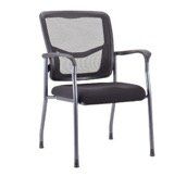Black mesh back office chair with padded seat and armrests.