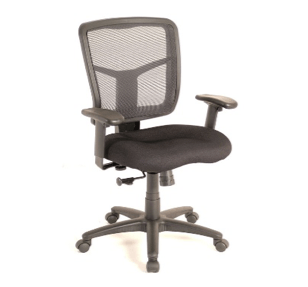 Black office chair with mesh back, padded seat, adjustable arms, and a five-star base with wheels.