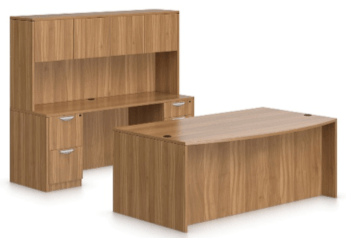 Wooden office furniture set: desk with hutch and matching rectangular desk.