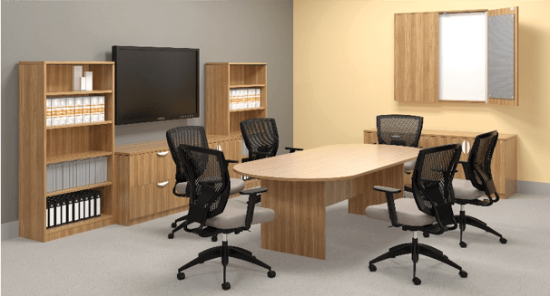 Conference room with oval table, six chairs, cabinets, and a TV.