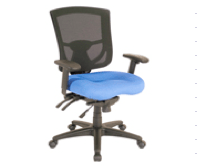 Ergonomic office chair with blue seat and black mesh back, on a white background.
