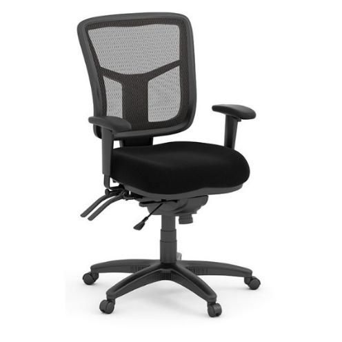 Black mesh-back office chair with adjustable arms and a padded seat, on wheels.