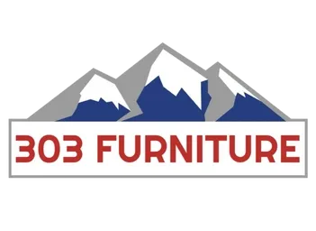 Logo for 303 Furniture, featuring blue and gray mountains with red text on a gray background.