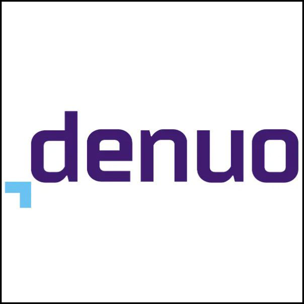 Het logo voor denuo is paars en blauw op een witte achtergrond.