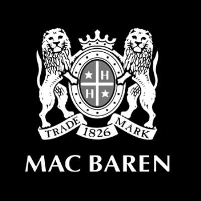 A black and white logo for mac baren with two lions and a crown.