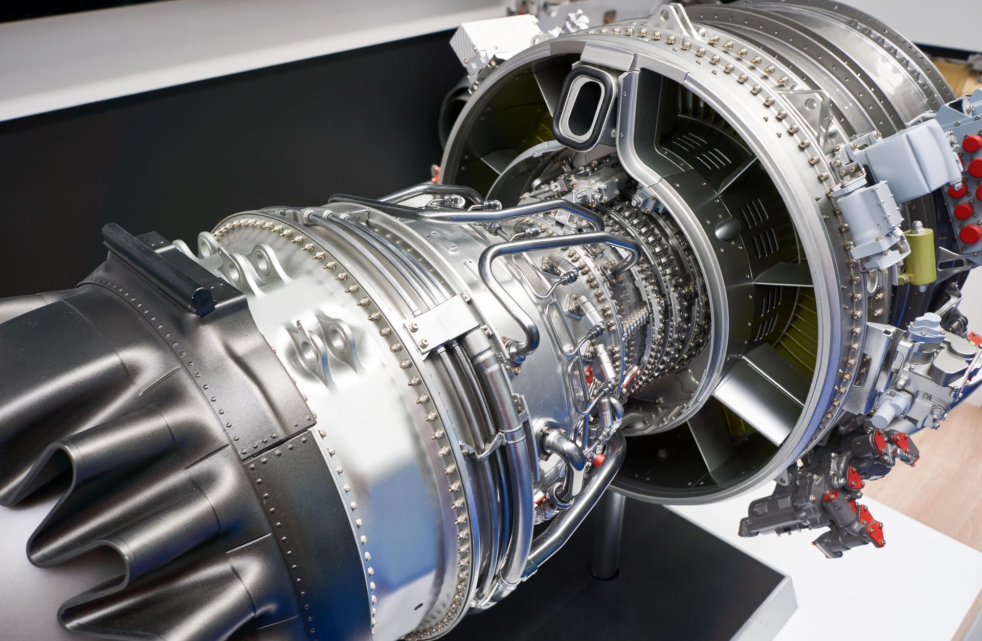 A close up of a jet engine on display