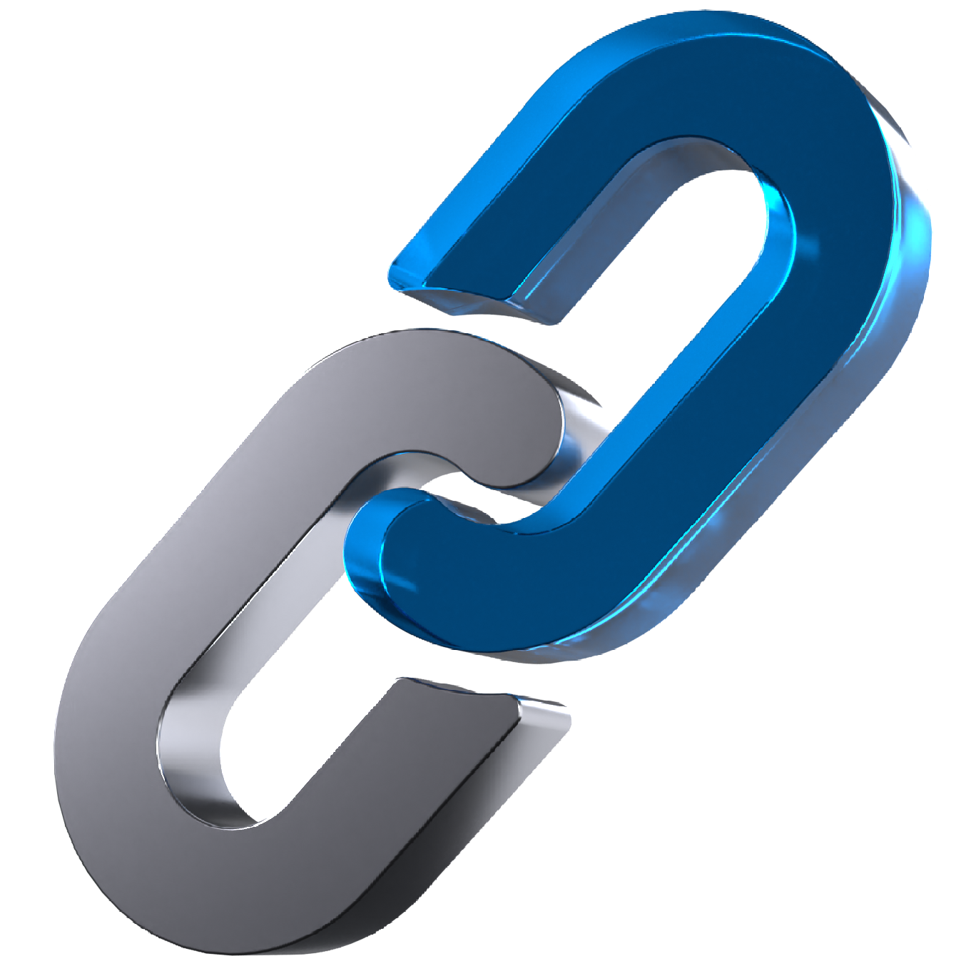A blue and silver chain link on a white background