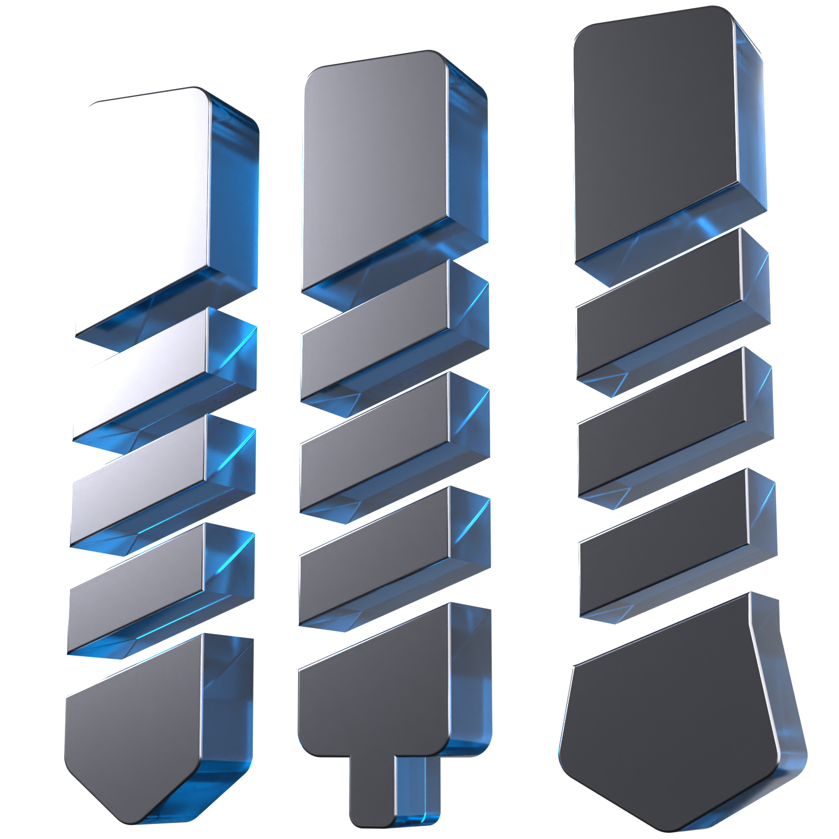 Three pieces of metal are stacked on top of each other on a white background
