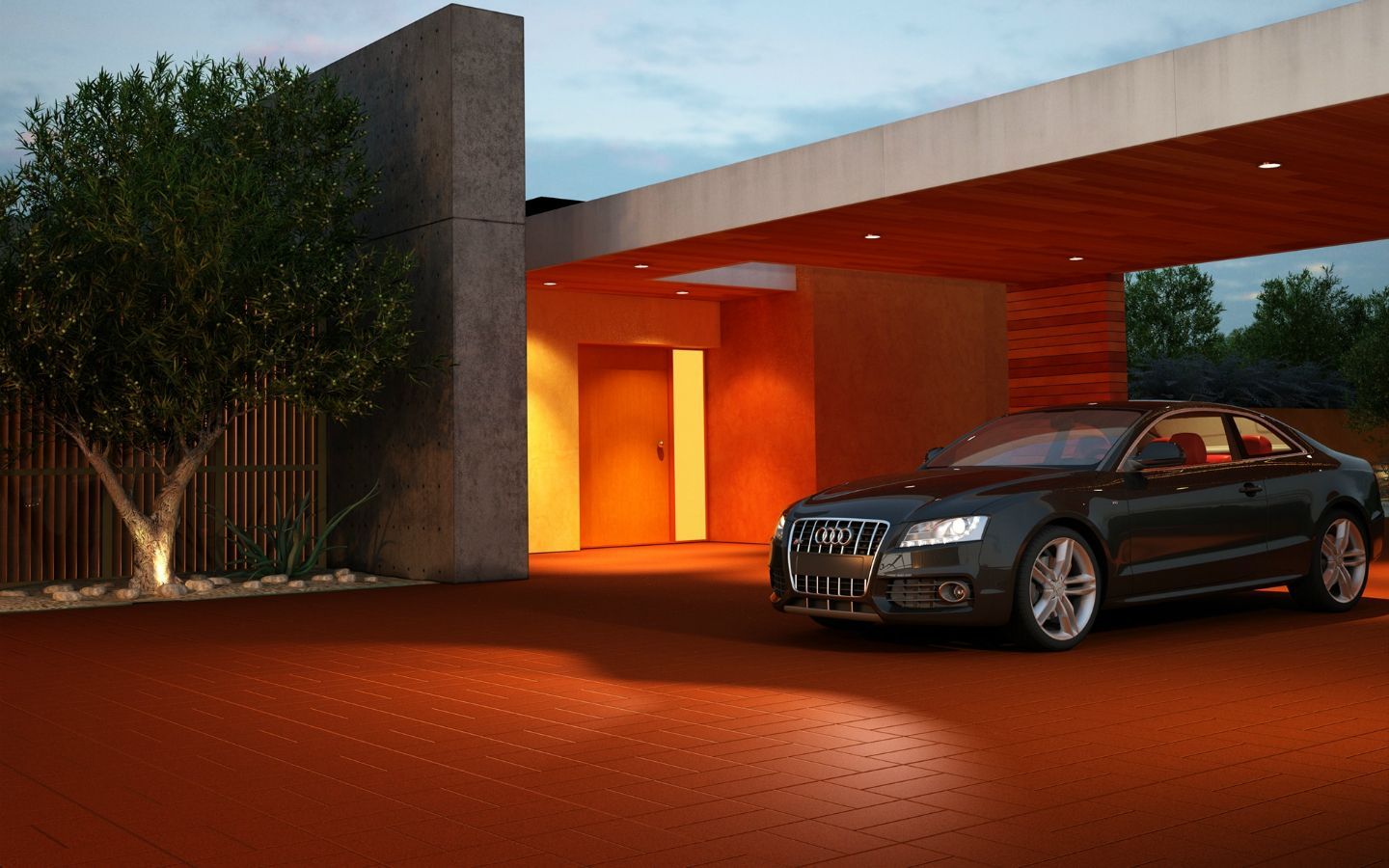 A black car is parked in front of a house.