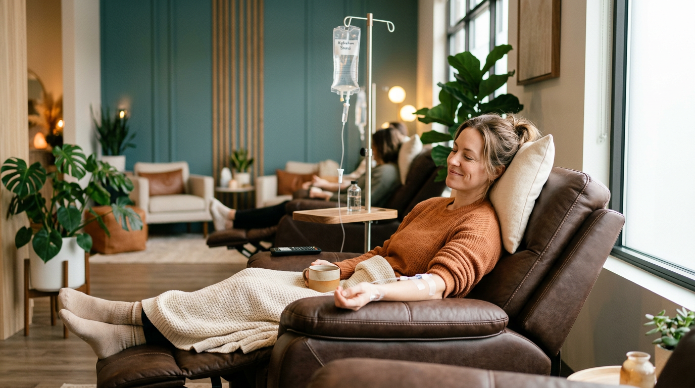 Woman relaxing in a recliner with an IV drip in a cozy living room