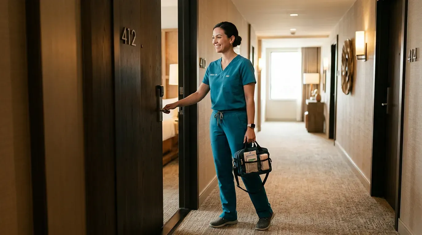Female healthcare worker with medical bag entering a hotel room.