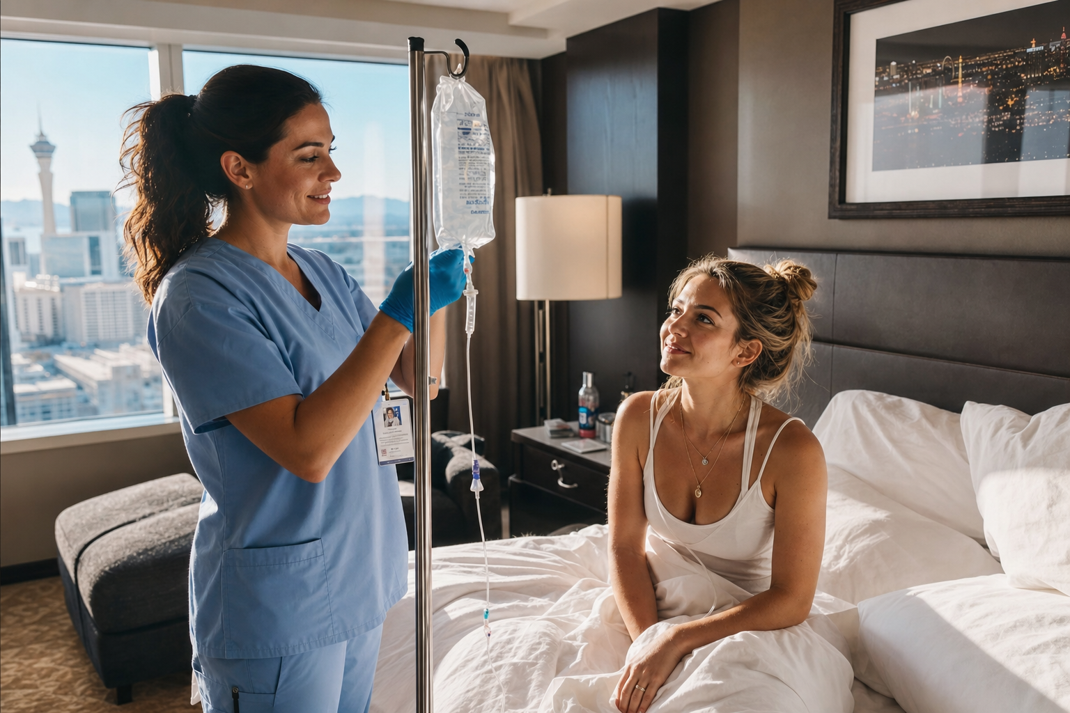 Nurse in blue scrubs speaks to a patient sitting up in a hospital bed beside an IV stand.