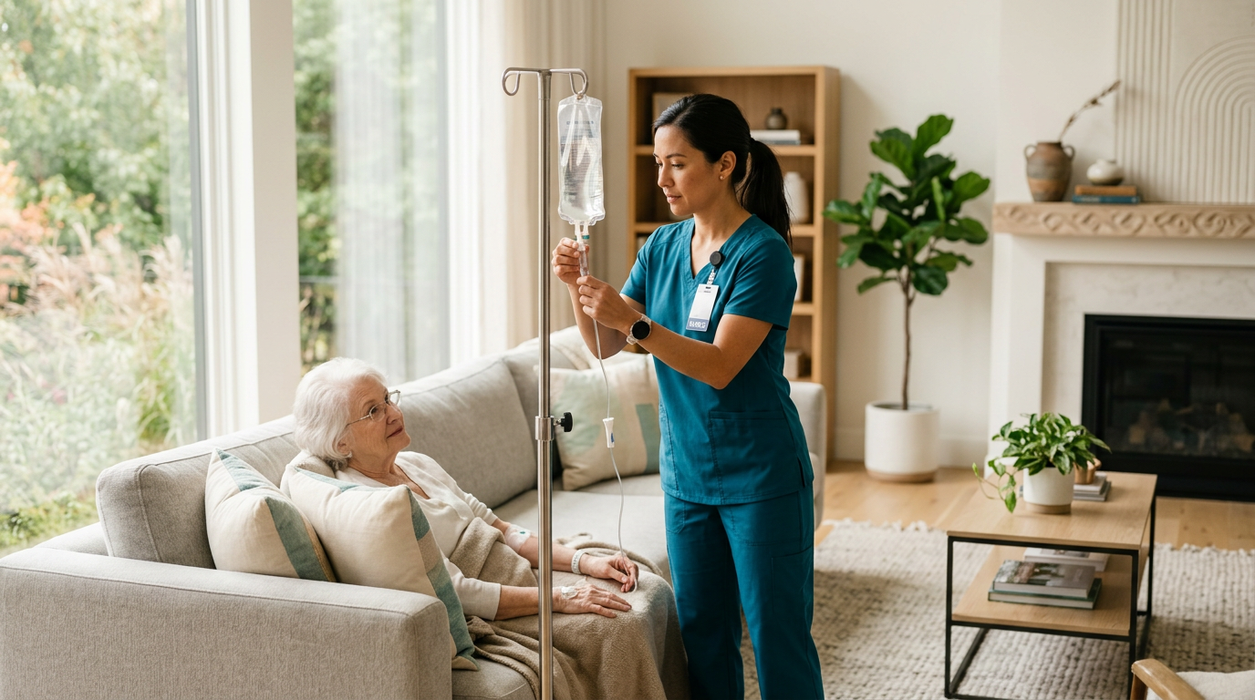 Nurse in blue scrubs checking IV beside an elderly patient on a couch in a bright living room