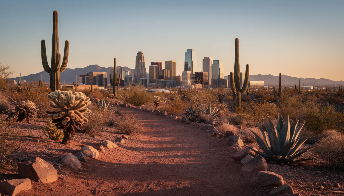 A desert trail leads to a distant city skyline under a clear sky, framed by cacti and desert plants.