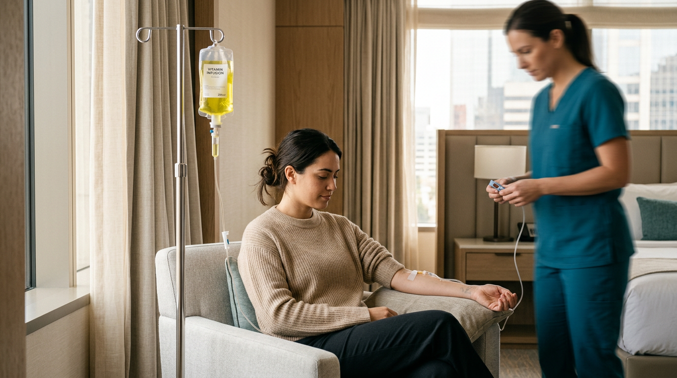 Patient seated in hospital chair while nurse stands beside her with an Banana IV drip nearby