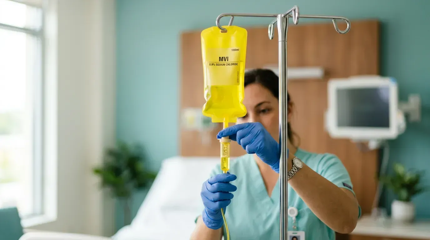Nurse adjusting a yellow IV bag on a stand in a hospital room