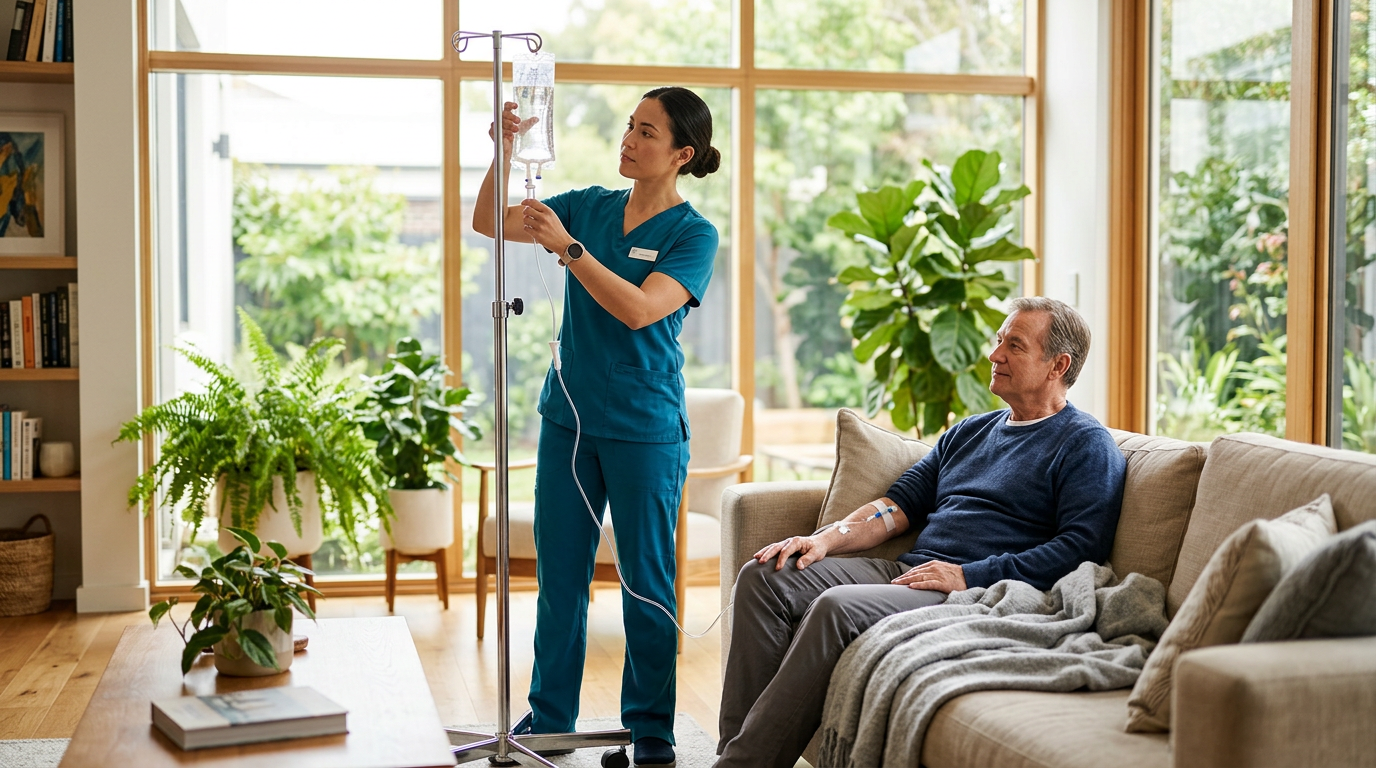 Caregiver adjusting an IV stand beside a seated patient in a bright living room with large windows.