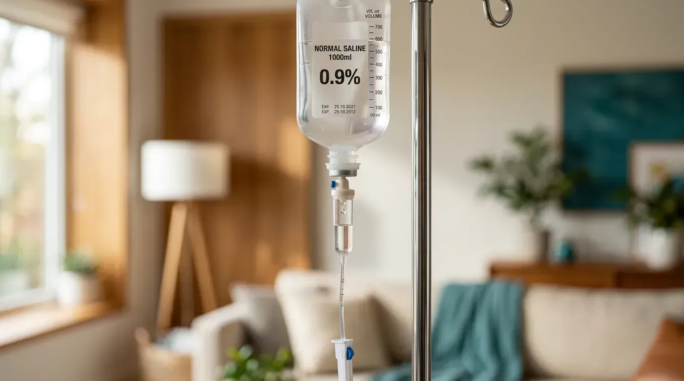 IV drip bag hanging in a bright living room with a blurred couch and lamp in the background