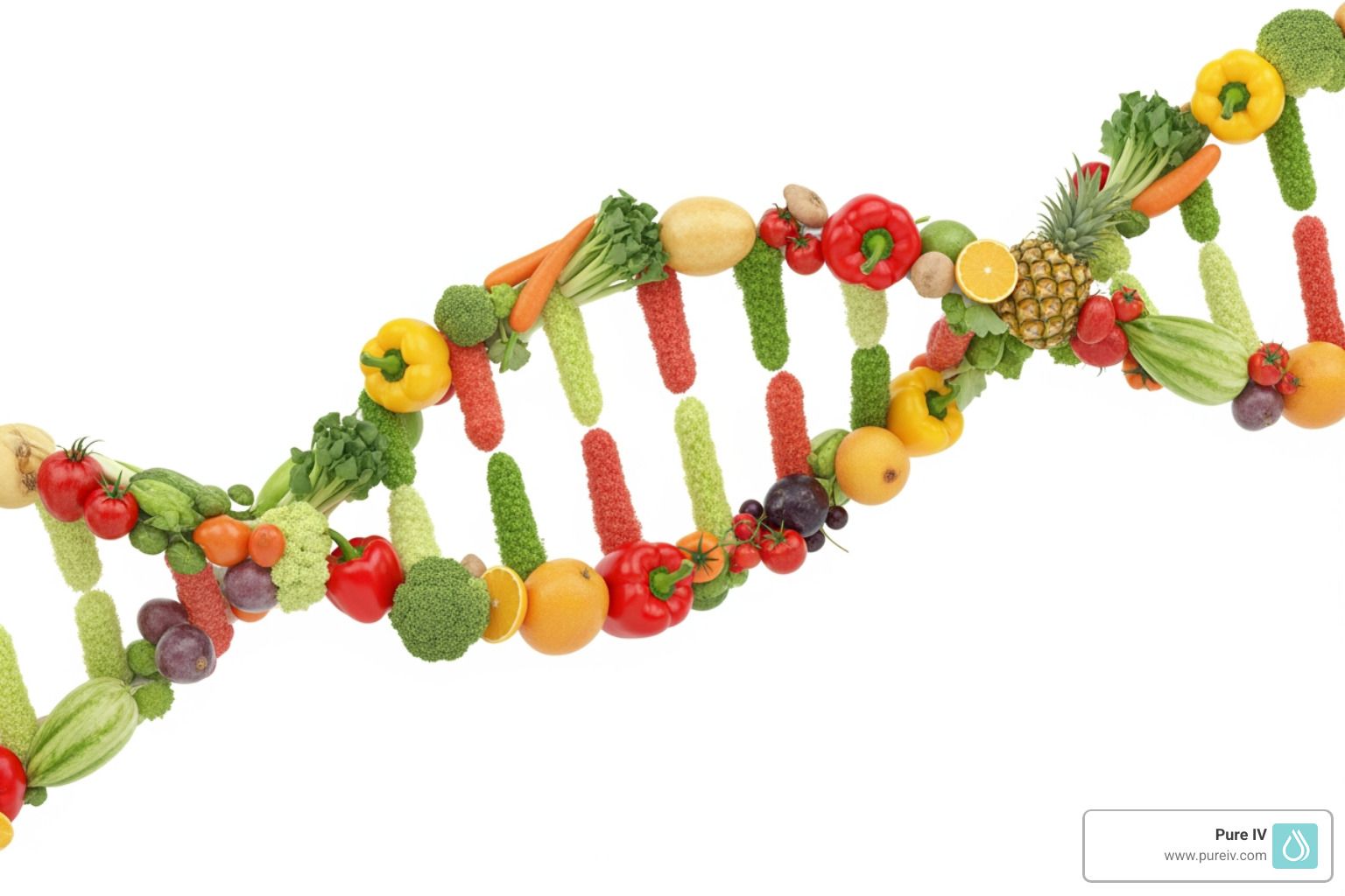 A DNA double helix structure formed by colorful fresh fruits and vegetables against a white background.
