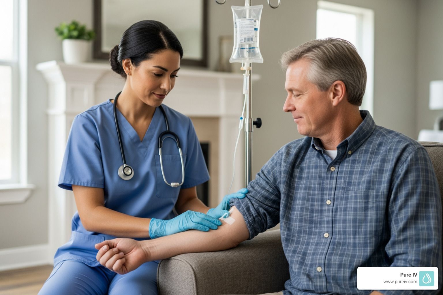 A healthcare worker administers an IV to a patient in a home setting.