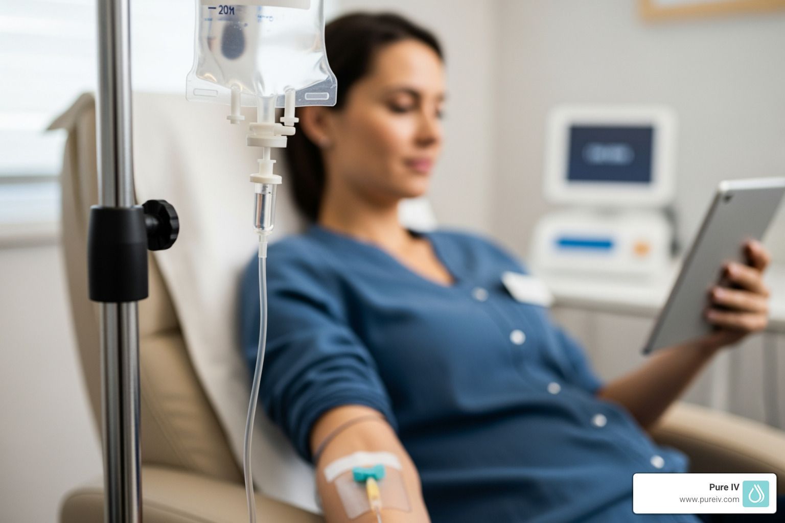 A person receiving IV treatment while sitting in a medical chair and looking at a tablet.