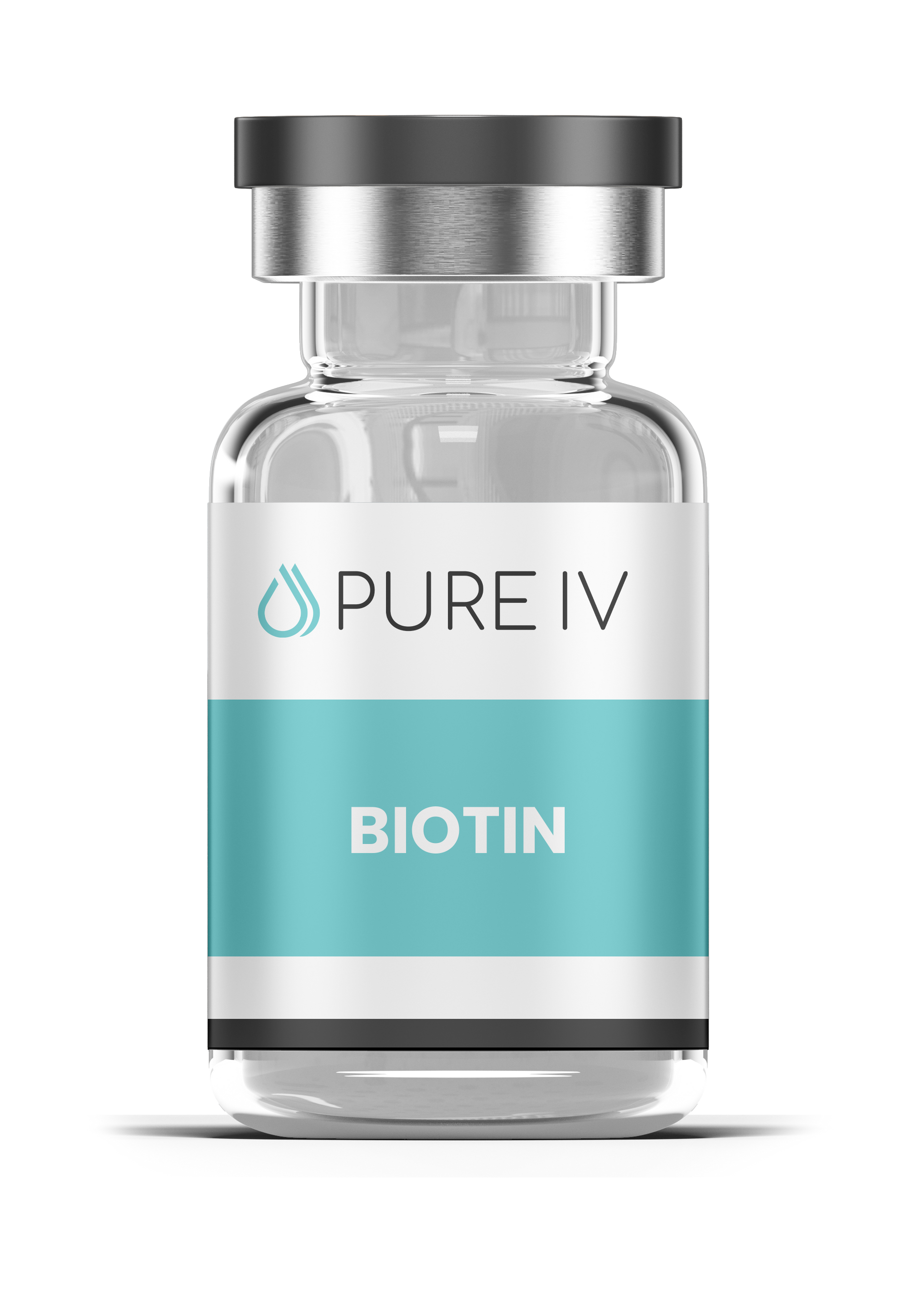A small, clear glass vial with a metal cap and a white-and-teal label reading