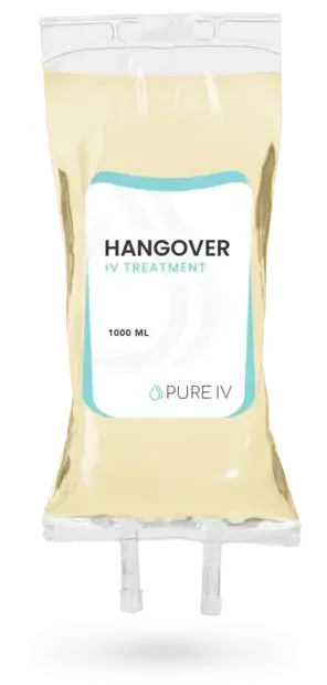 IV bag labeled "HANOVER IV TREATMENT". Contains yellowish liquid, with a blue accent on the label.