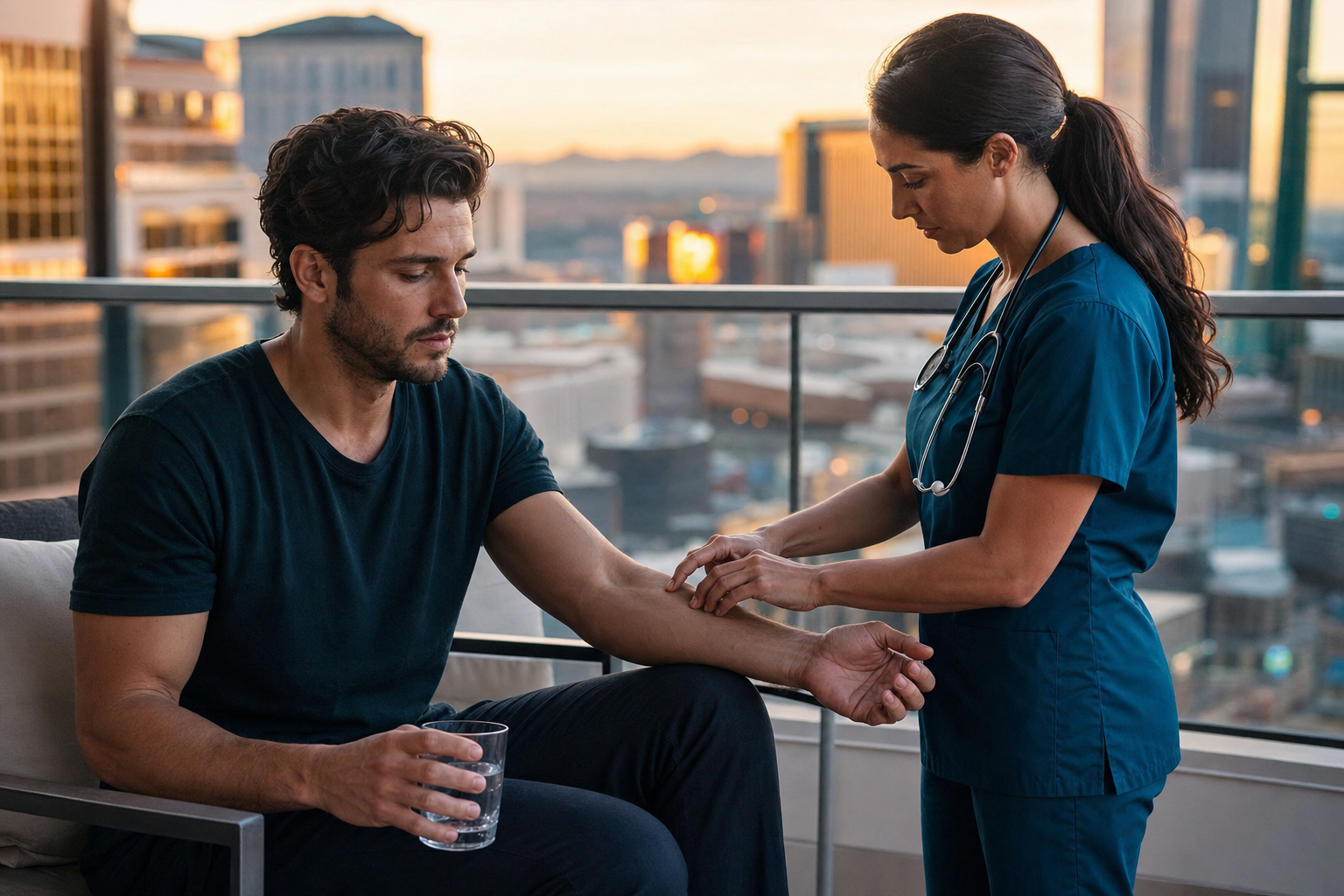 Woman checking a seated man’s wrist on a rooftop at sunset