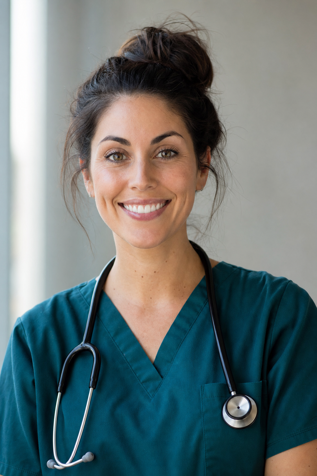 Professional female nurse in dark teal scrubs with stethoscope, friendly portrait