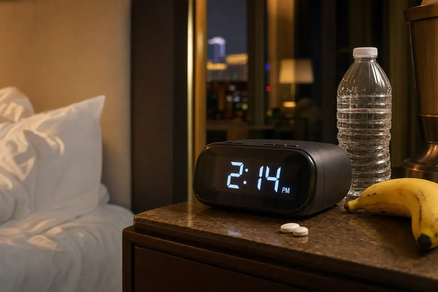 Las Vegas hotel nightstand with digital alarm clock at 2:14 PM, water bottle, banana, and pain pills in soft daylight