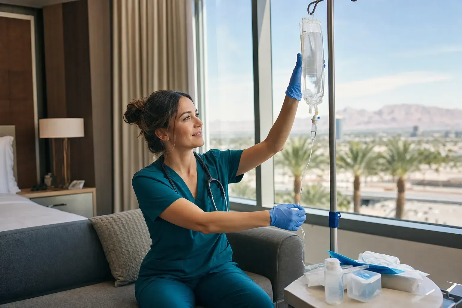 Female nurse in dark teal scrubs adjusting an IV for a smiling woman on a couch in a sunny Las Vegas hotel suite with palm trees and desert outside
