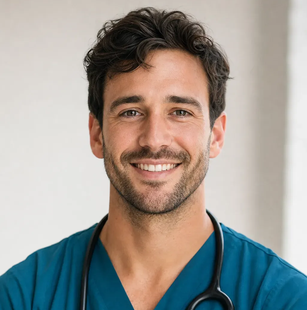 Professional male nurse in dark teal scrubs with stethoscope, friendly portrait
