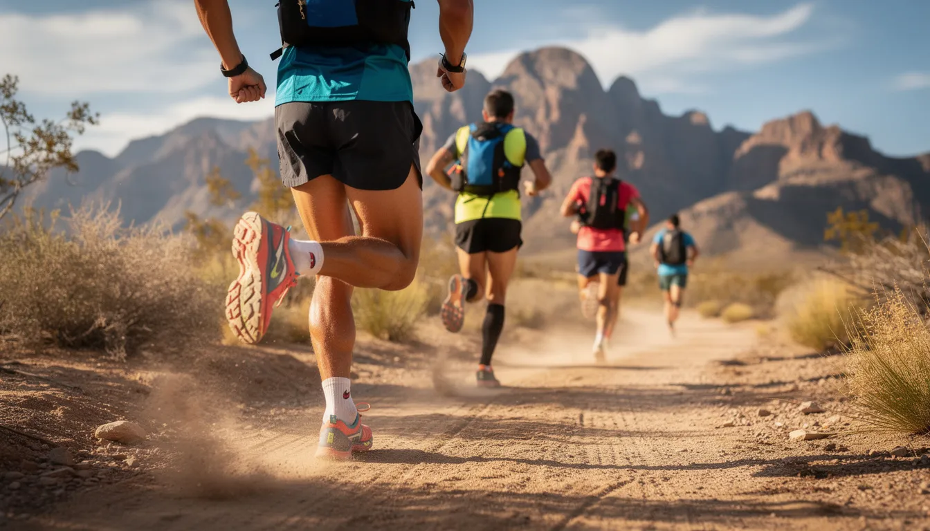 Runners on a dusty trail in front of mountains; athletes wearing running gear and backpacks.