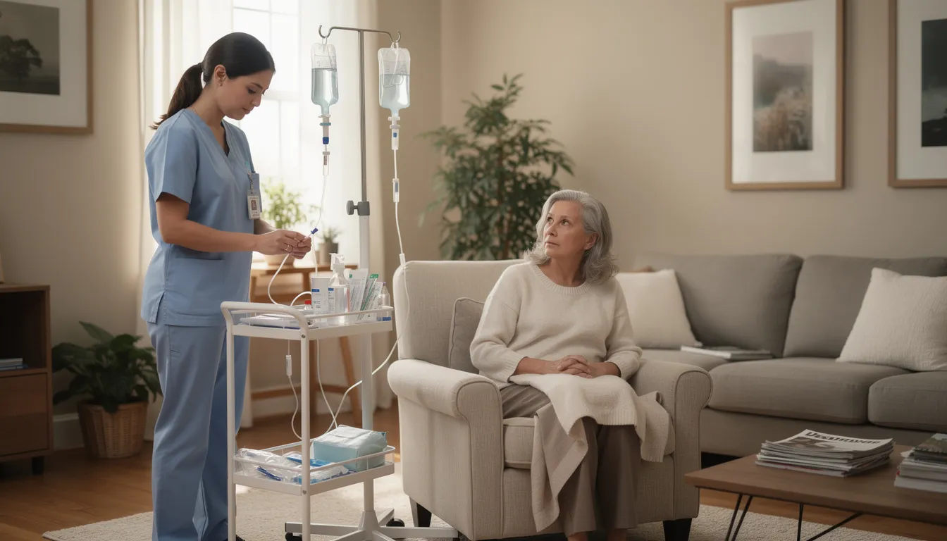 Nurse preparing IV for elderly patient in a home setting.