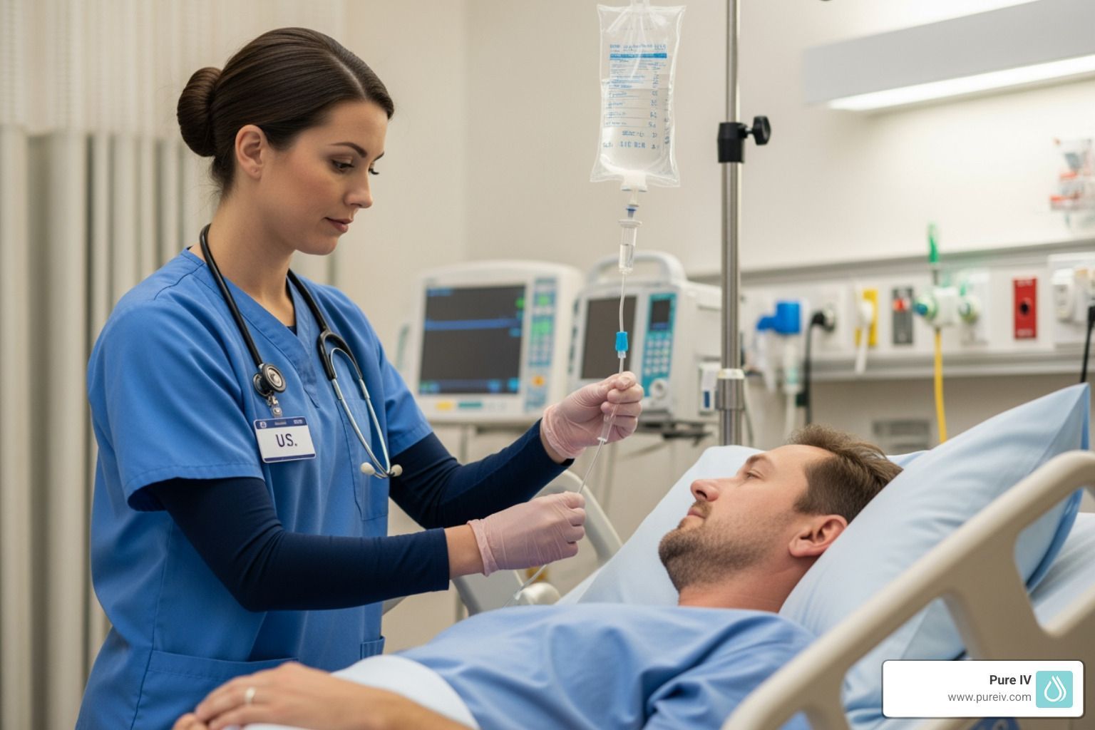 Nurse adjusting IV drip for patient in hospital bed.