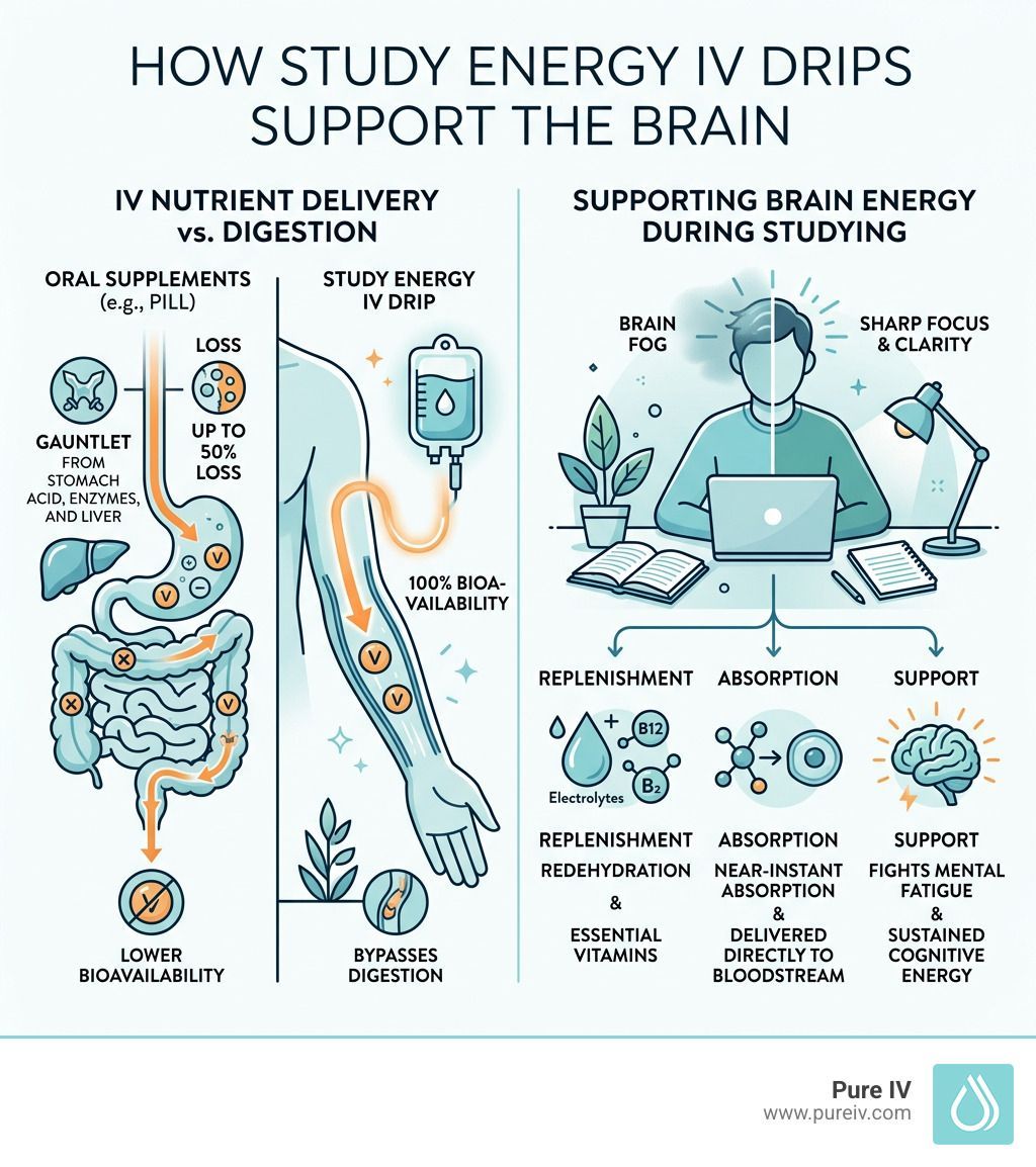 How IV nutrients enter the bloodstream and support brain energy during studying - study energy iv drip infographic