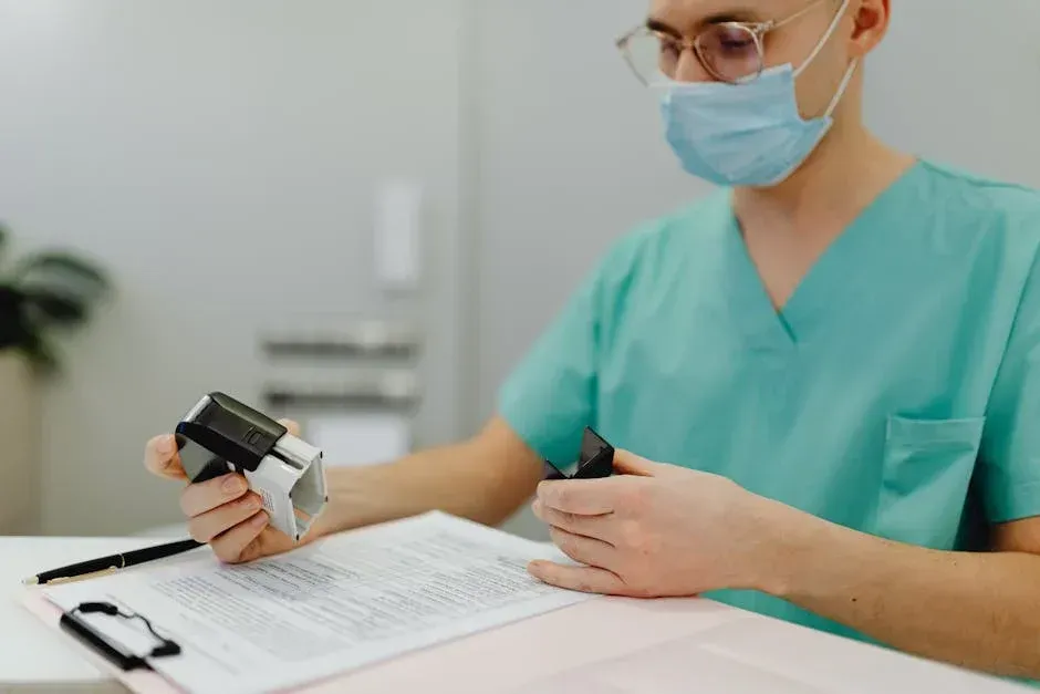 Healthcare professional reviewing documents and handling medical supplies in clinical setting