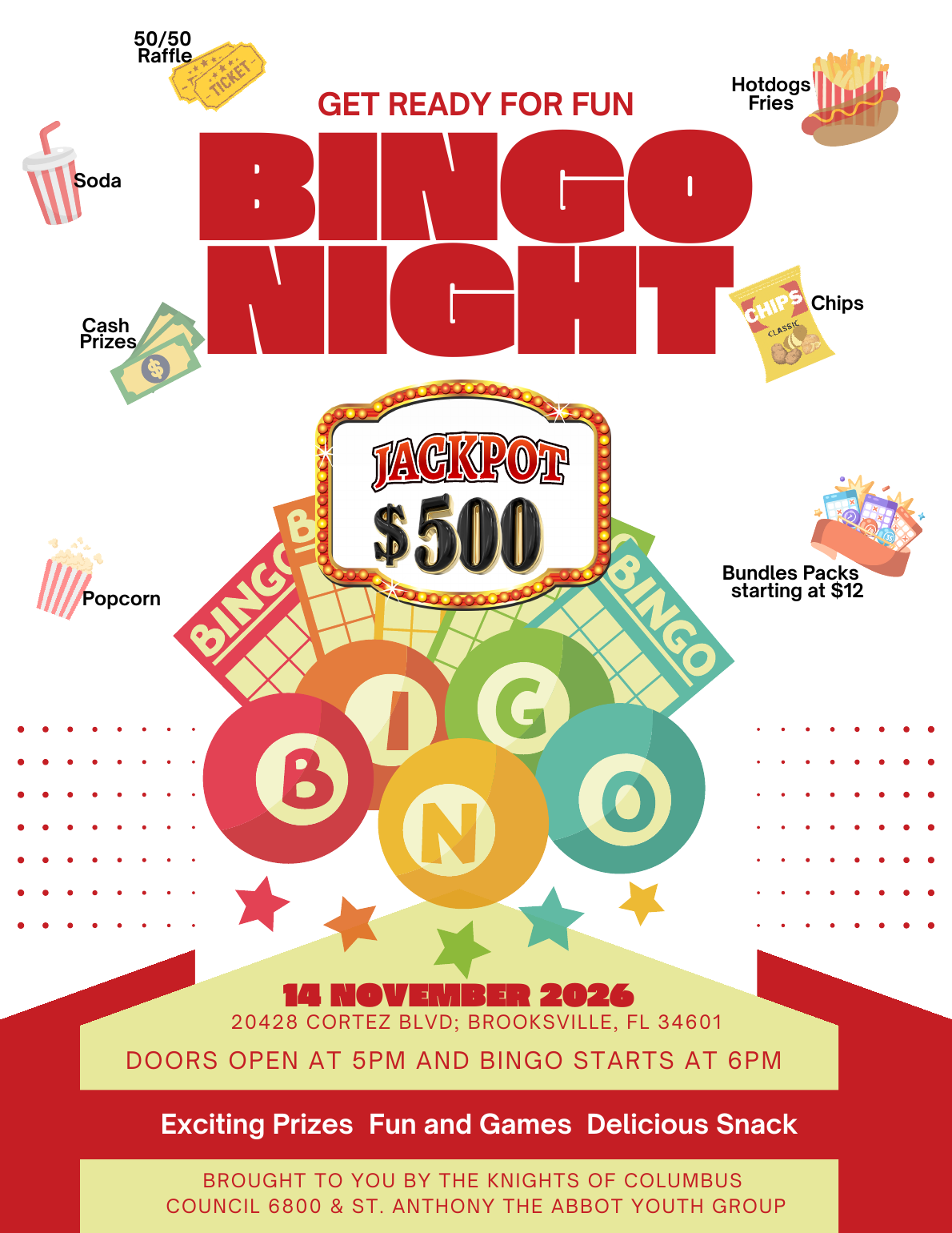 Bingo Night flyer for November 14, 2026 at St. Anthony the Abbot Catholic Church