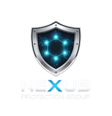 Shield logo with glowing blue network emblem and the text “NEXUS Protection Group”