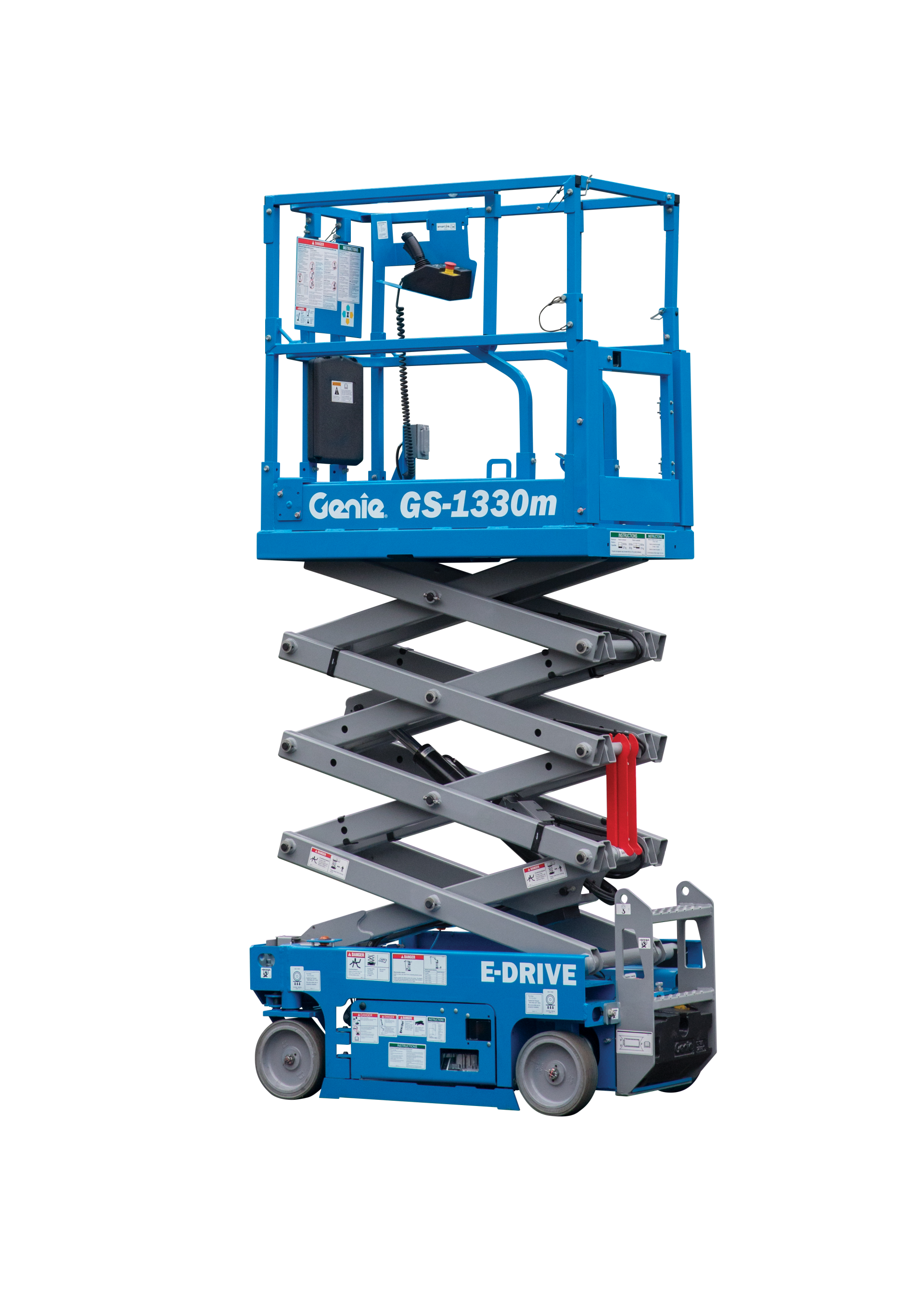 A blue scissor lift is sitting on top of a white surface.