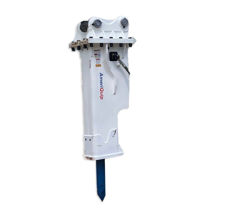 A white hydraulic hammer is sitting on a white surface.