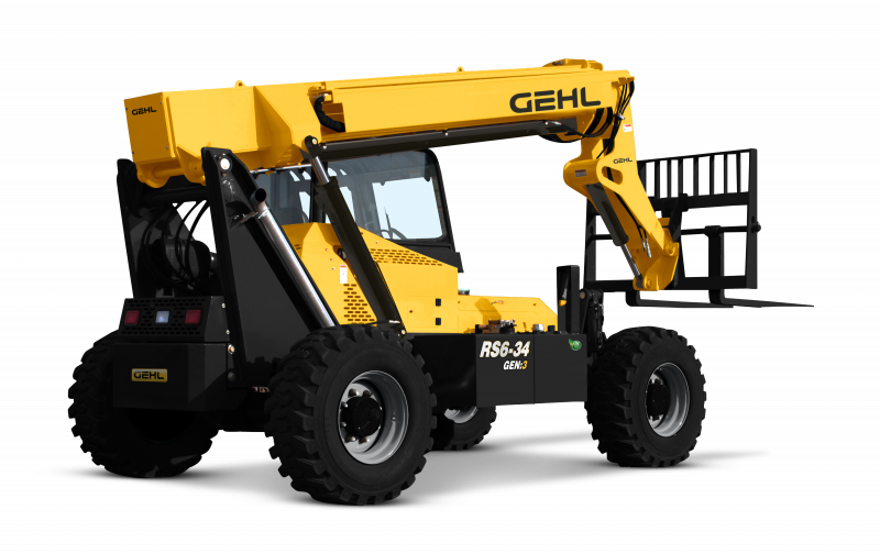 A yellow gehl forklift is sitting on a white surface.