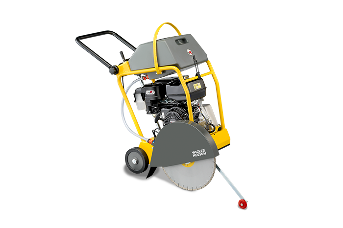 A concrete saw with wheels and a handle on a white background.