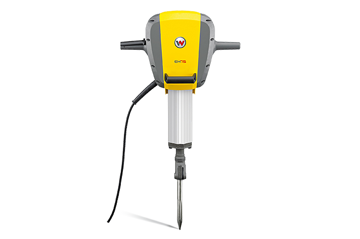 A yellow and gray hammer with a cord attached to it on a white background.
