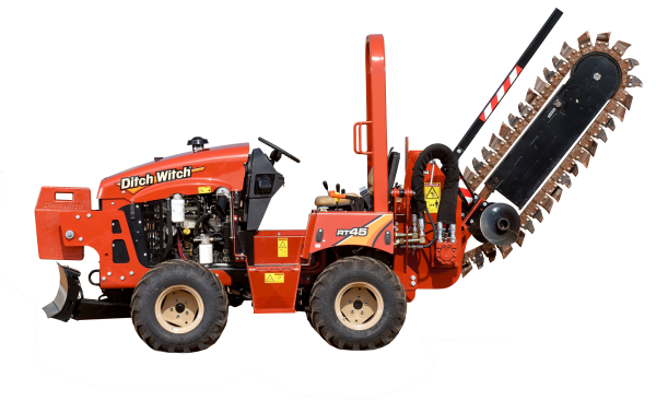A red tractor with a chainsaw attached to it.
