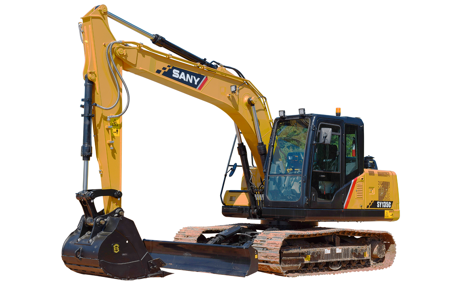 A yellow excavator with a black bucket on a white background.