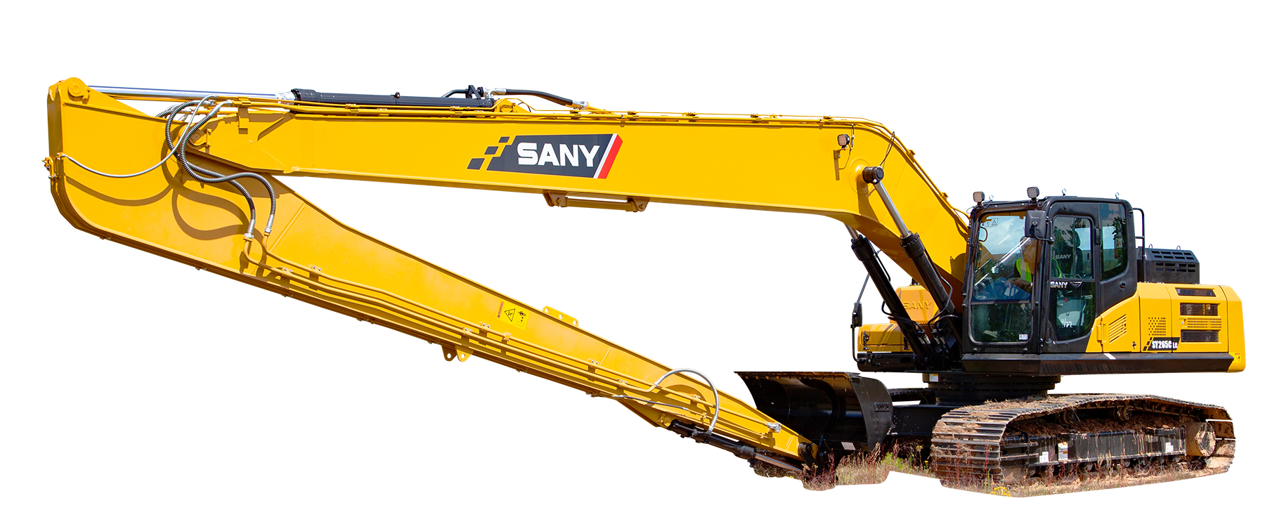 A yellow excavator with a long arm on a white background.