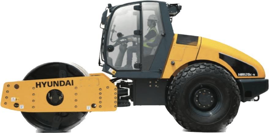 A yellow and black hyundai roller on a white background