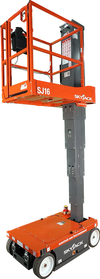 An orange and gray aerial lift with a cage on top of it.